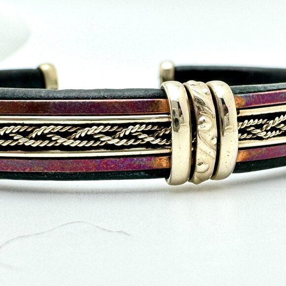 Handcrafted Copper & Brass Leather Bracelet  Intricate Detailing Adjustable - Picture 4 of 9
